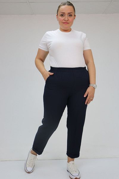 Eslina 59009 Large Size Double Leg Trousers with Elastic Waist - Navy Blue