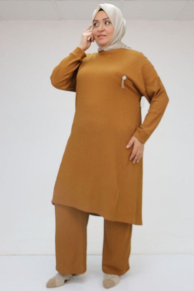 Eslina 57028 Large Size Wrinkled Trousers Suit with Ornamental Pocket Detail - Tan