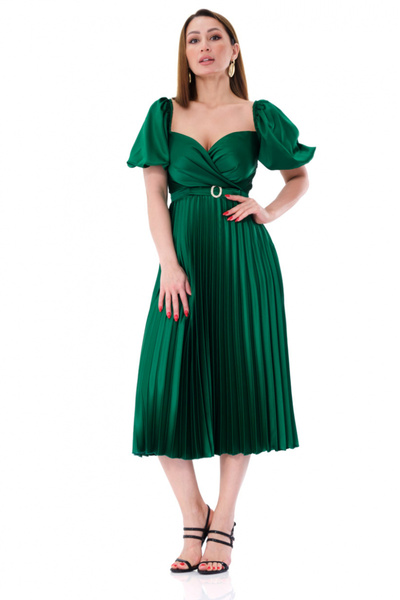 Fervente Rochie midi elegantă, plisată, din satin verde, cu mâneci scurte, Ad...