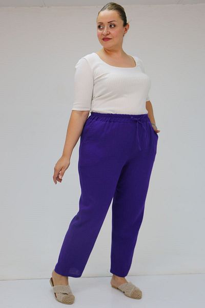 Eslina 59020 Large Size Muslin Narrow Leg Trousers with Elastic Waist - Purple