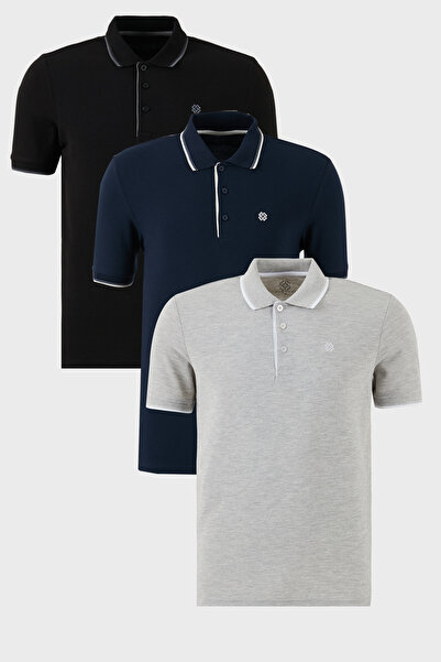 Buratti Pamuklu Slim Fit Şerit Detaylı Düğmeli Polo Yaka 3'lü Paket T Shirt E...