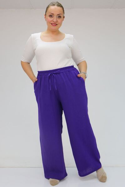 Eslina 59021 Large Size Muslin Wide Leg Trousers with Elastic Waist - Purple