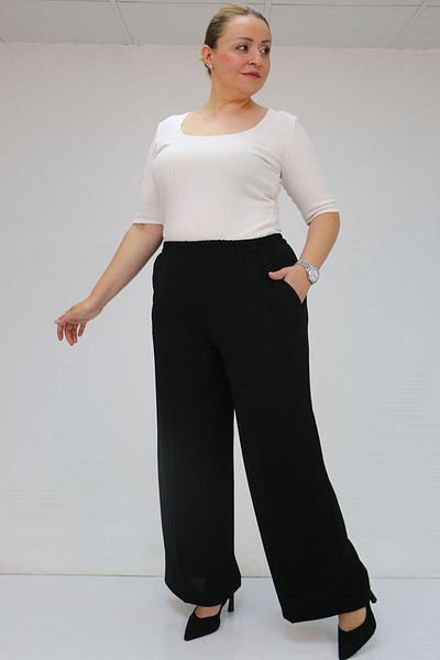 Eslina 59014 plus size elastic waist crepe loose leg trousers - black