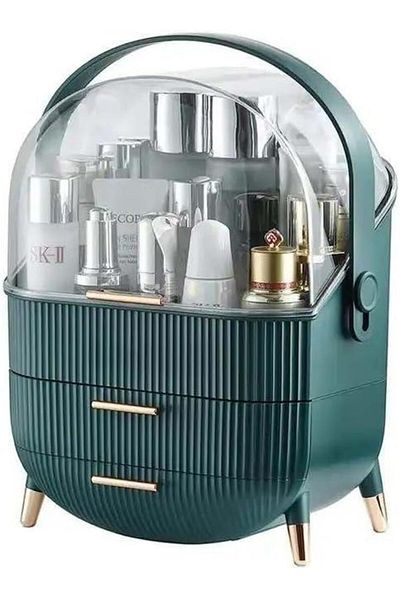 Saharaz Elegant Egg-Shaped Makeup Organizer with Clear Lid,with 2 Drawers & Handle,for Skincare,Perfume