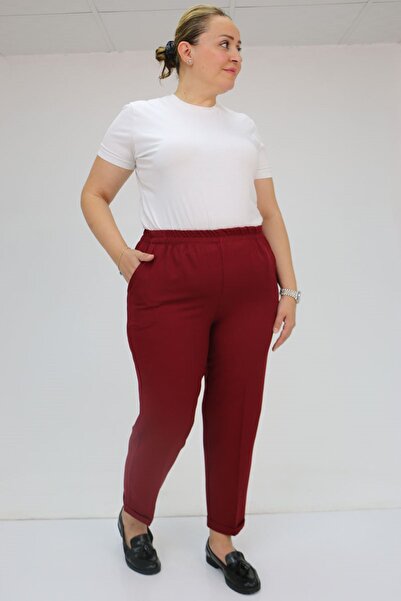 Eslina 59009 Large Size Double Leg Trousers with Elastic Waist - Claret Red