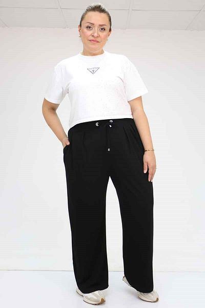 Eslina 59002 Large Size Pleated Detail Combed Cotton Trousers - Black