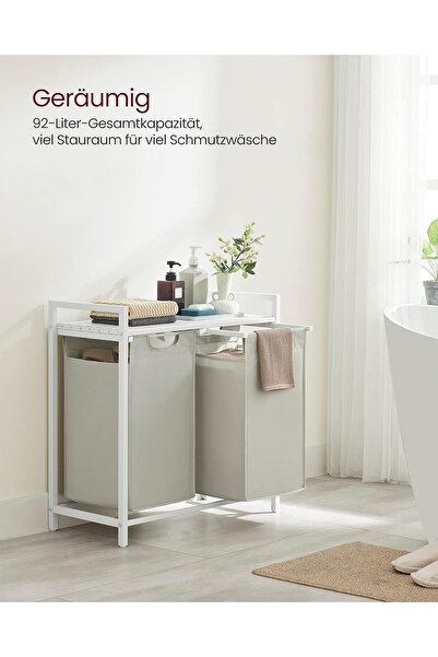 VASAGLE Cos de rufe, 2 compartimente, saci de rufe detasabili, raft, 2x46L, 73x33x72 cm, alb