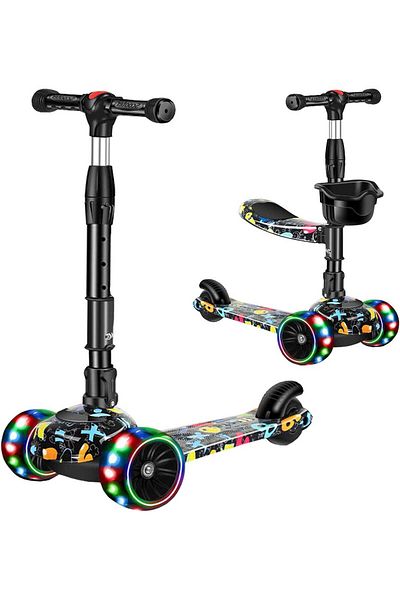 Elindor 2-in-1 Children's Scooter, with Seat and Light-Up Wheels, 3-8 Years, 80 kg, Black/Multicolor