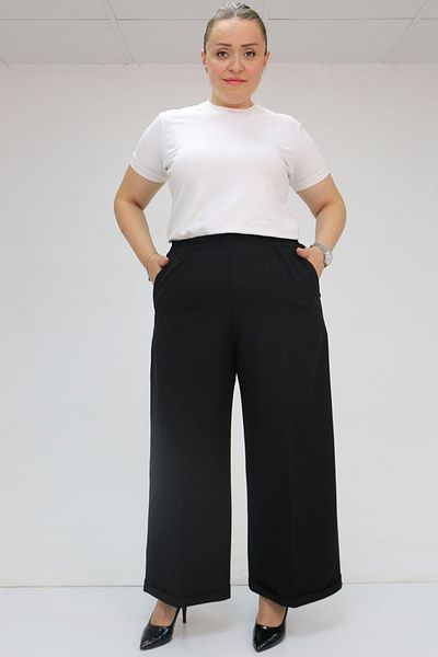 Eslina 59008 Large Size Double Leg Trousers with Elastic Waist - Black