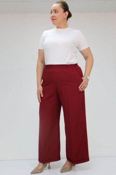 Eslina 59008 Large Size Double Leg Trousers with Elastic Waist - Claret Red