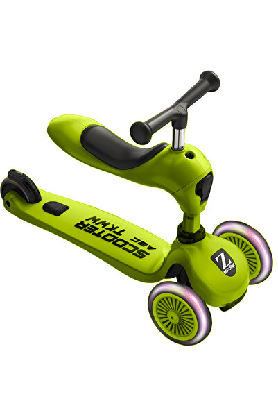 Elindor Trotinetă 2 în 1 pentru copii cu scaun, roți luminoase, 1-5 ani, 50 kg, verde