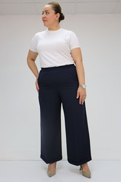 Eslina 59008 Large Size Double Leg Trousers with Elastic Waist - Navy Blue