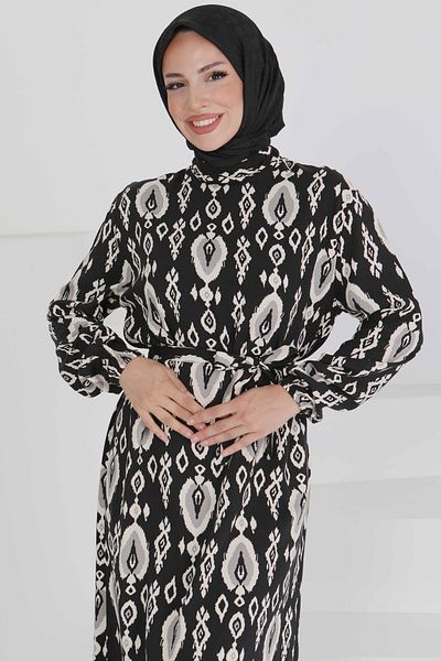 TOFİSA Belted Patterned Dress Gray - 27495