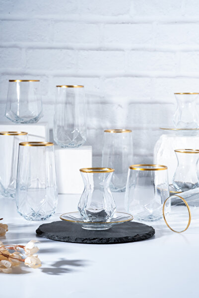 MEST 24 Parça Gold Yaldızlı Cam Bardak & Çay Seti – 6×460 cc Su, 6×400 cc Meş...