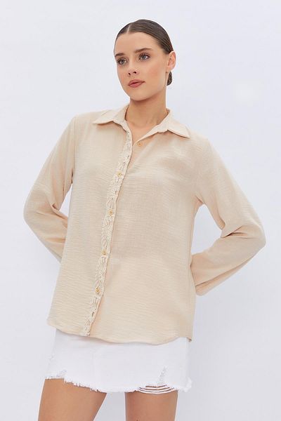 VAGGON Women's Stone Toe and Back Lace Detailed Linen Shirt Vs00418