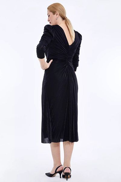 Fervente Elegant pleated midi dress for women with long sleeves in black - XL(42)