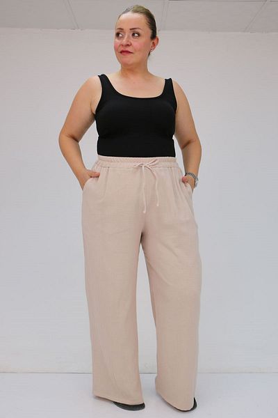 Eslina 59021 Large Size Muslin Wide Leg Trousers with Elastic Waist - Beige