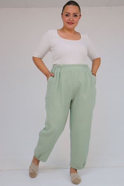 Eslina 59022 Large Size Muslin Trousers with Half Elastic Legs - Nefti