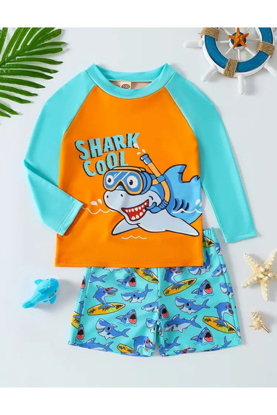 MODA Erkek Çocuk Köpekbalığı Desenli Uzun Kollu Mayo ve Şort Takımı – Renkli Yazlık Deniz Giyim