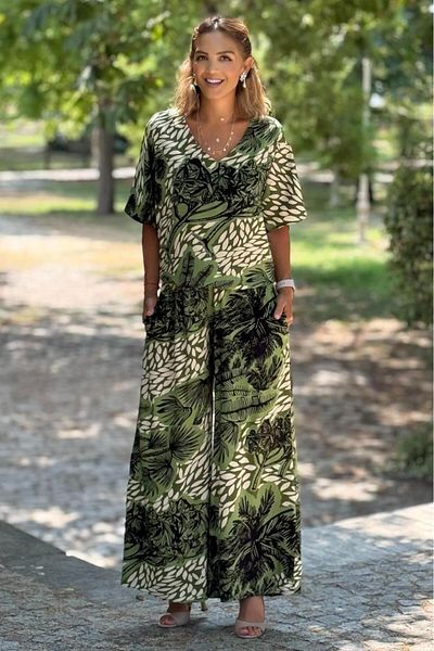Nevin Kaya Moda Σικελία Πράσινη Τροπική Μοτίβο Παντελόνι Μπλούζα Σετ δύο τεμαχίων
