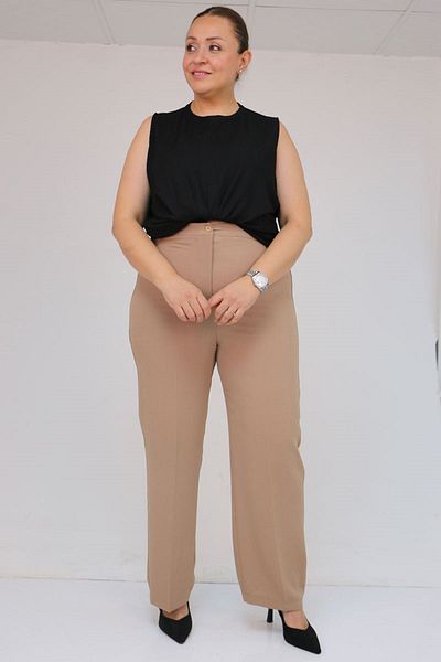 Eslina 59016 large size buttoned waist crepe pants - mink