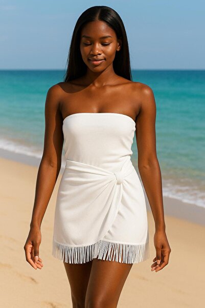 voops 2-Piece Women's White and Black Tasseled Tulle Pareo Beach Shawl 150X50