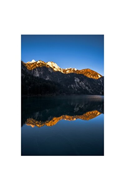 OEM Pictură pe pânză, „Munți reflectați în ape calme”, Munți, Reflexie, Lac, Apus de soare, Cer albastru