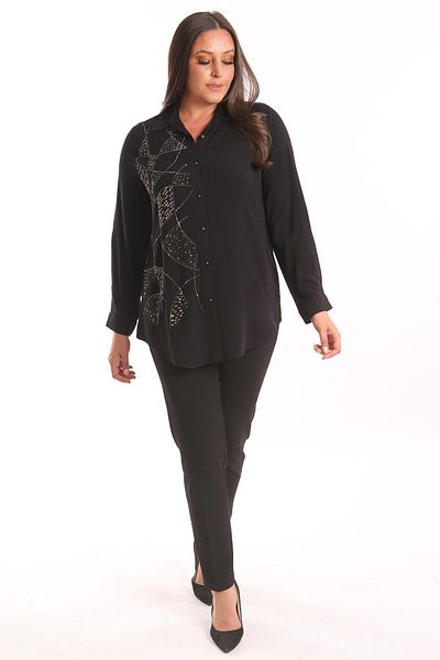 Metpoint Trend42Plus Large Size Stone Print Detailed Woven Black Shirt