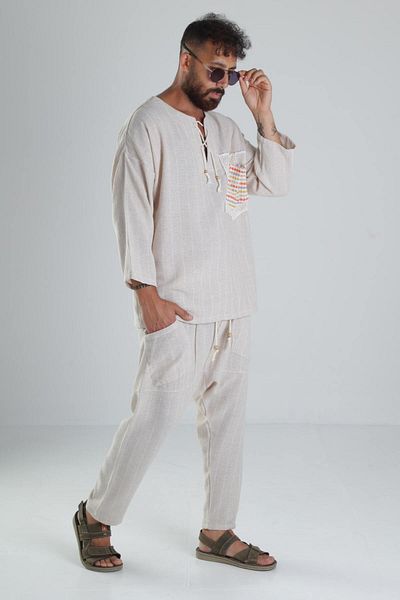 COCOPELLI Beige Linen Cotton Design Shalwar Suit