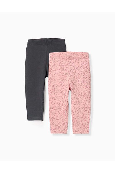 Ziddy Pack of 2 Floral/Smooth Leggings for Baby Girls, Pink/Grey