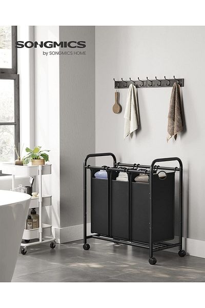 SONGMICS Cos de rufe cu 3 saci detasabili, structura metalica pe roti, 3x44L, 77x41x82cm, negru