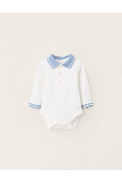 Ziddy Stretch Cotton Polo-bodysuit for Newborns, White/Blue