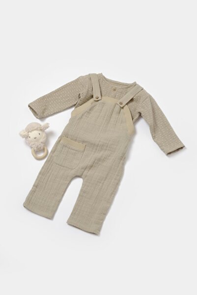 Magu Unisex Baby Cotton Khaki Muslin Jumpsuit Set - Long Sleeve Underwear Bodysuit