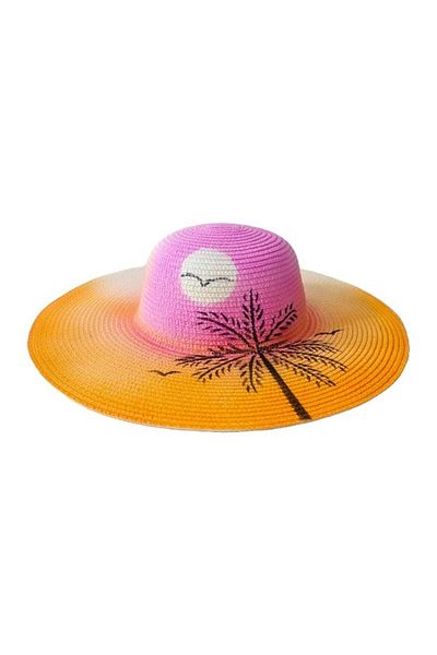 FashionForYou SeaSide Style sun hat, with summer print and wide brim, Pink/Orange