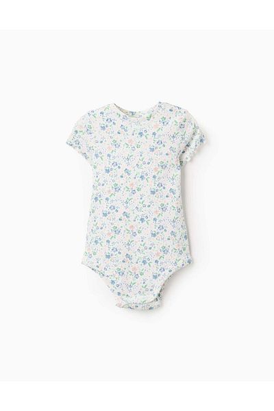 Ziddy Ribbed Floral Bodysuit for Newborn Girls, White/Pink/Blue/Green