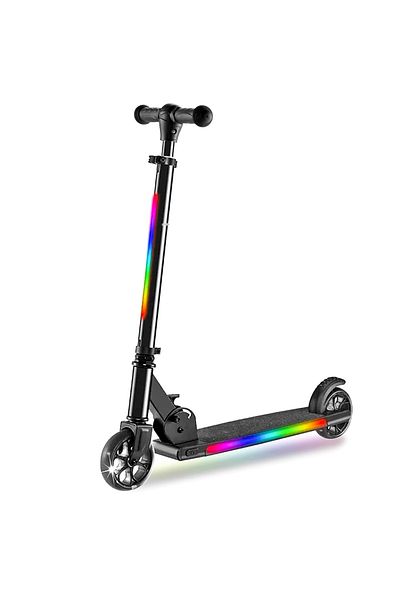 Elindor 2-Wheel Scooter for Kids, Foldable and Portable, RGB LED Lights, Height Adjustable Handle, Black