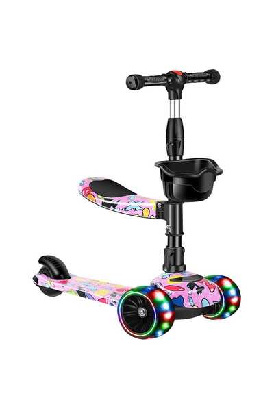 Elindor Trotinetă 2 în 1 cu scaun, roți LED, 3-8 ani, 80 kg, roz/multicolor