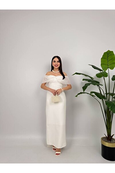 Fade straplez şifon garnili atlas gloplu elbise