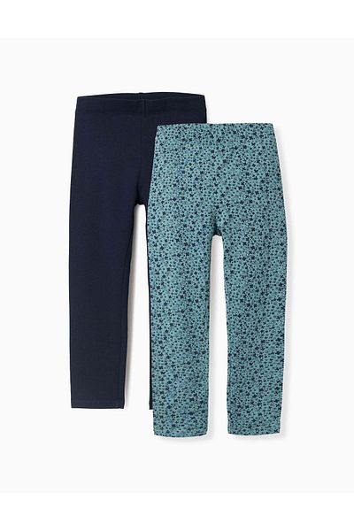 Ziddy Pack of 2 Floral/Smooth Leggings for Girls, Blue/Turquoise
