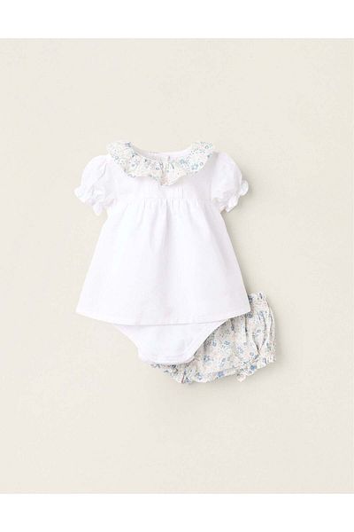 Ziddy Bodysuit-Blouse + Bloomers for Newborn Girls, White/Blue/Pink