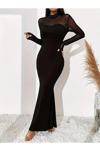 modamtn Women's long sleeve half turtleneck strapless crepe long dress