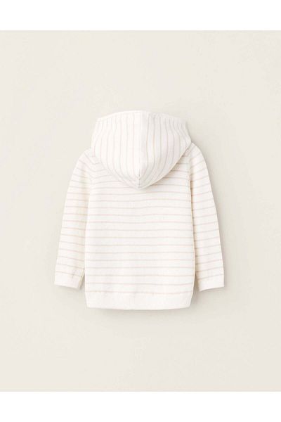 Ziddy Striped Hooded Knitted Cardigan for Newborns, White/Beige