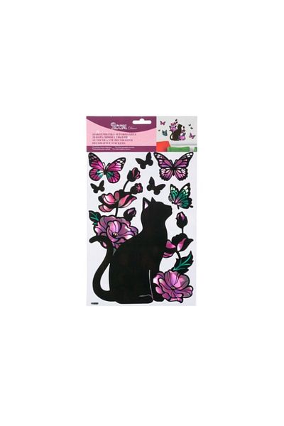 OEM Set 7 decorative stickers with cat, flowers and butterflies, dimensions 20x30 cm, multicolor