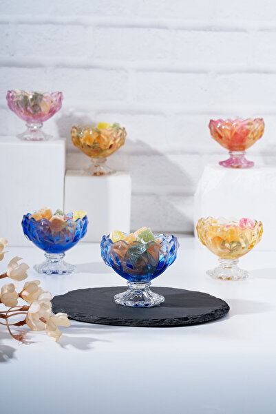 MEST Set of 6 Colorful Footed Glass Snack & Turkish Delight Bowls – 8 cm Diam...