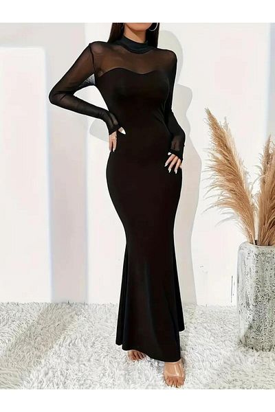 modamtn Women's long sleeve half turtleneck strapless crepe long dress