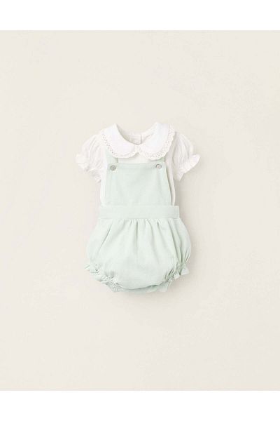Ziddy Bodysuit + Piqué Jumpsuit with Ruffles for Newborn Girls, White/Green