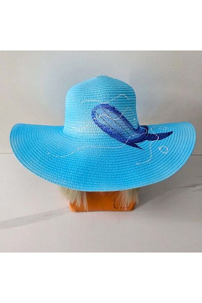 FashionForYou SeaSide Style sun hat, with summer print and wide brim, Blue