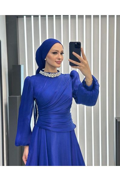 MERETTO By Akıl Judge Collar with Stones, Special Design Lined Jan Jan Fabric Long Evening Dress