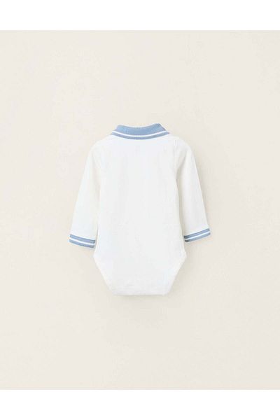 Ziddy Stretch Cotton Polo-bodysuit for Newborns, White/Blue