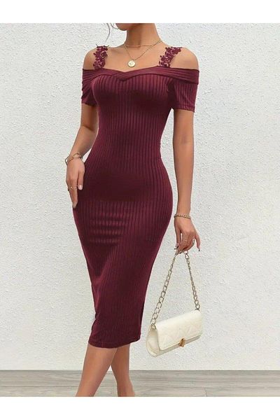 modamtn Women's Off-The-Shoulder Lace Strap Ribbed Camisole Midi Dress